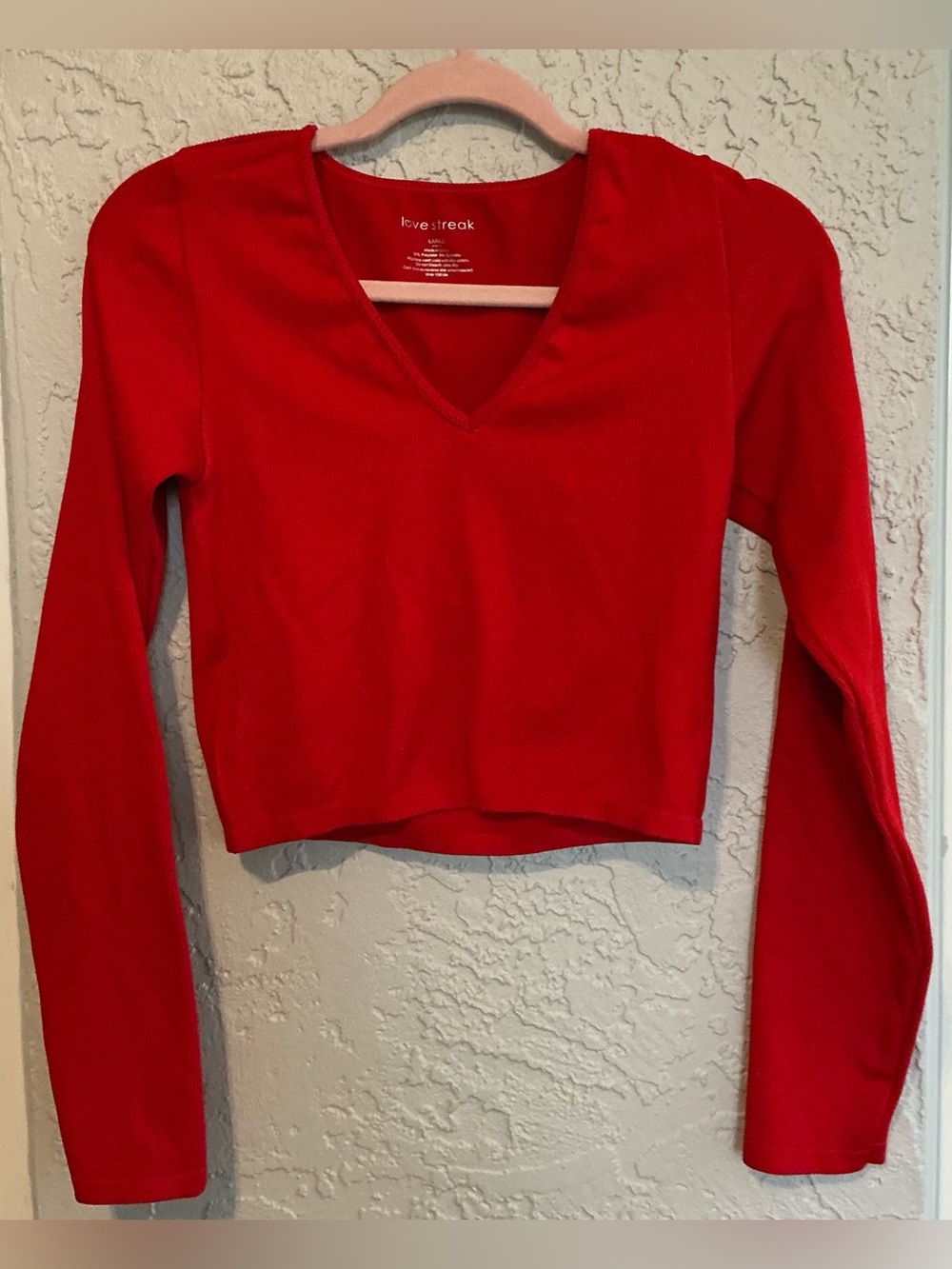 Love Streak Red V-Neck Long Sleeve Ribbed Crop Top